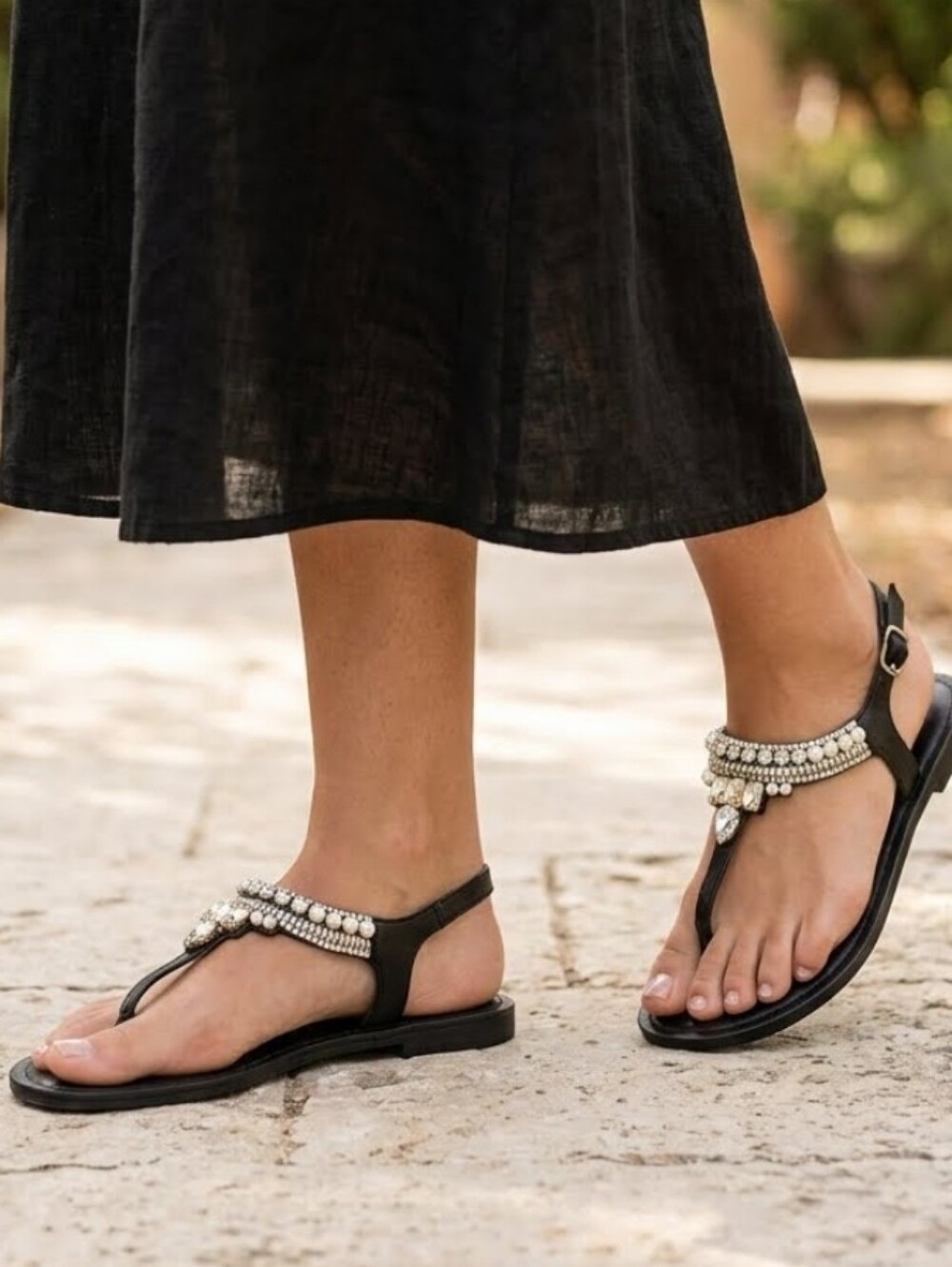 Steve Madden Nita Slingbag Black Sandals with Pearl and Crystal Accents